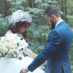 An image of a couple during their first look; taken from one of our Toronto Wedding Videorgraphy videos